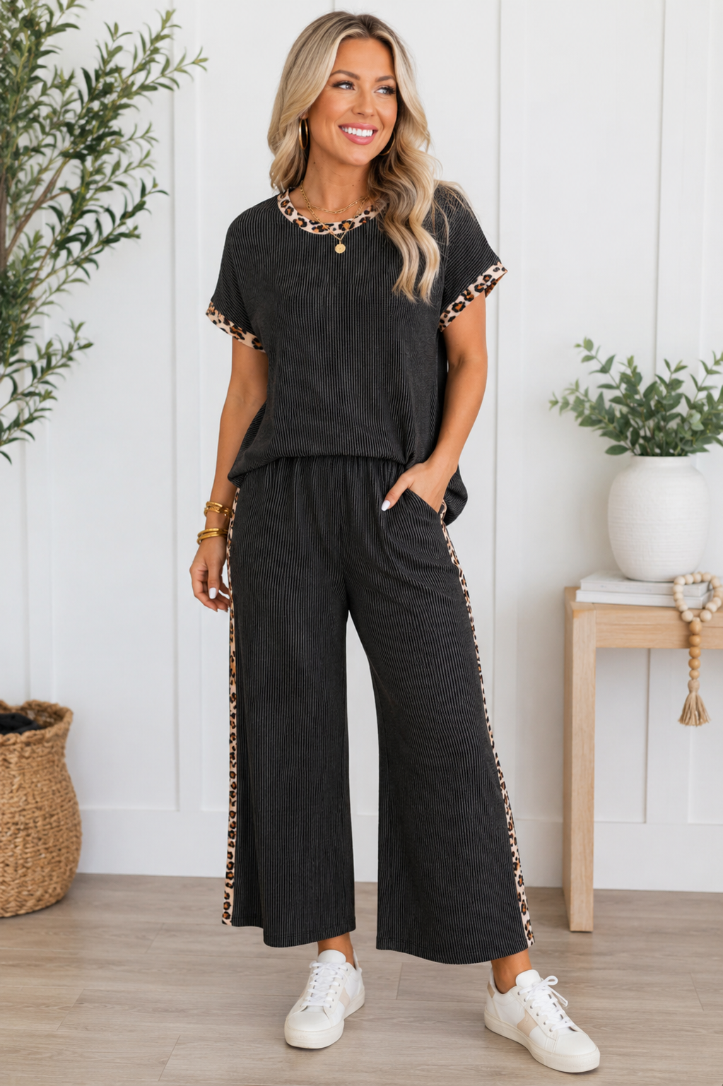 Charcoal Leopard Trim Ribbed Lounge Set
