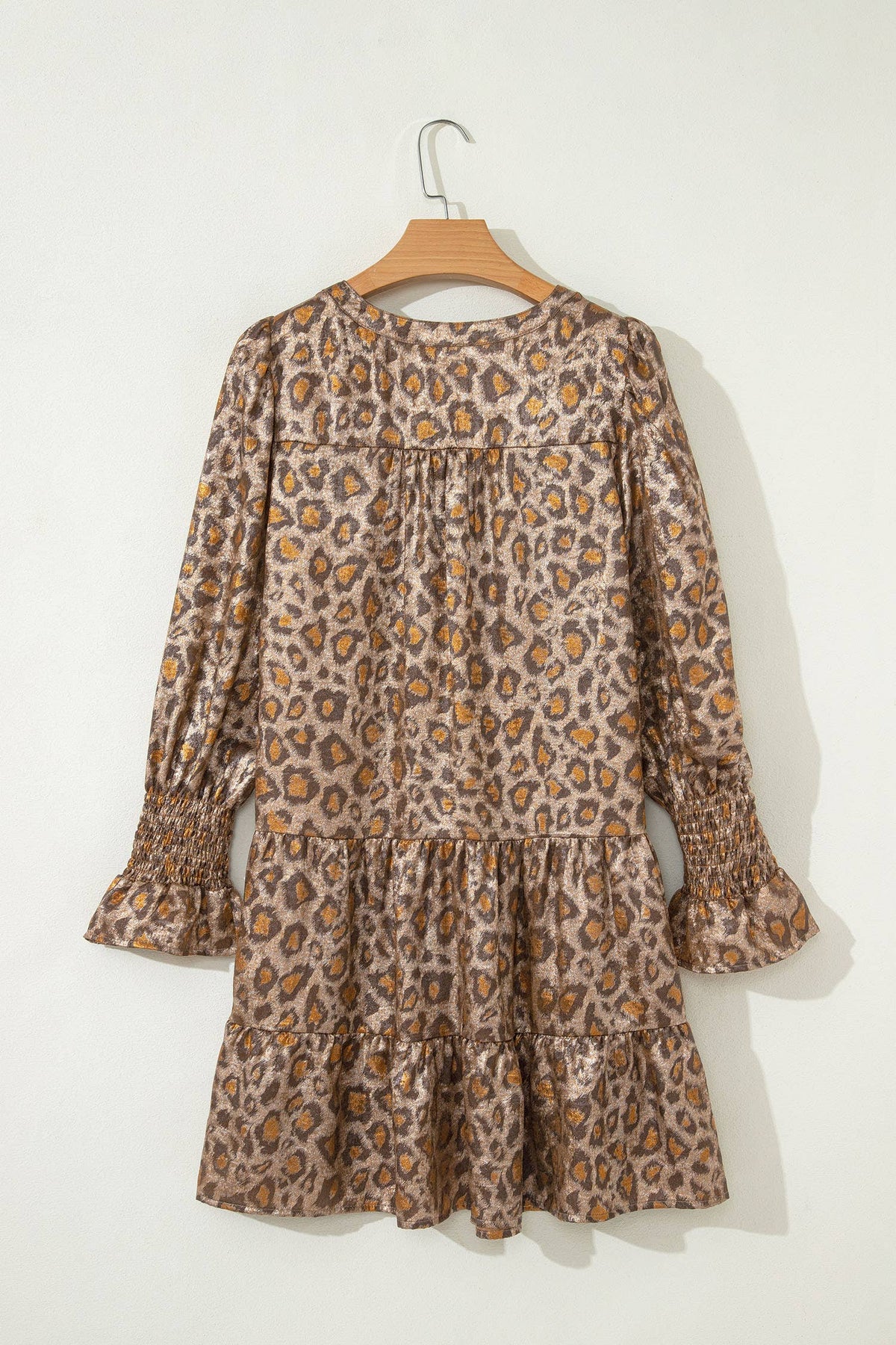 Leopard Print V Neck Ruffled Sleeve Tiered Mini Dress (S-XL)