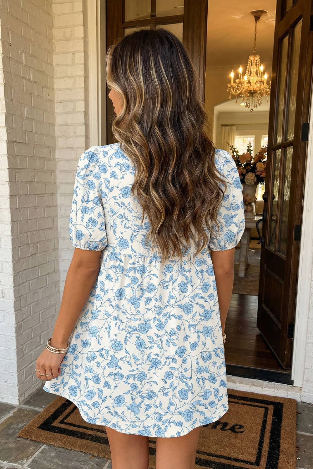 LAS Floral Contrast Bow Puff Sleeve Mini Dress (S-XL): Sky Blue